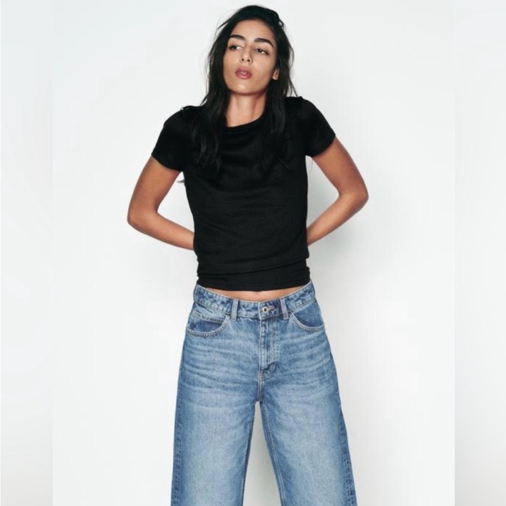 Zara Women’s Black Ribbed Tee | Small | Viscose blend